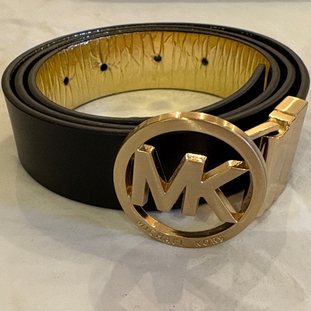 Michael Kors Black Belt with Gold MK Buckle